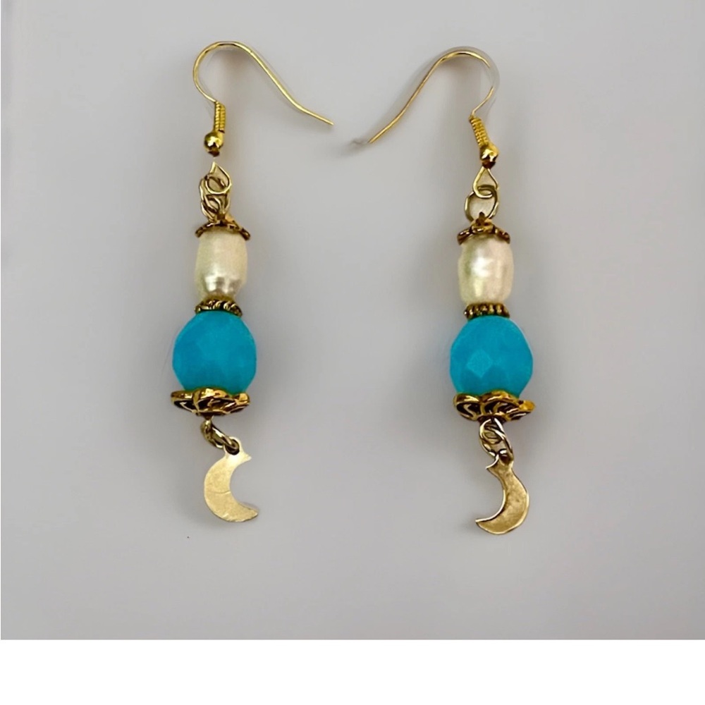 Pearl Drop Earrings Gold Tone Blue Bead Celestial Crescent Moon Handmade